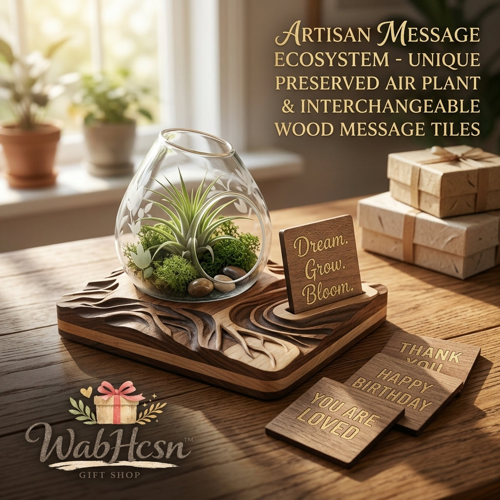WabHcsn™ Artisan Message Ecosystem - Preserved Air Plant Terrarium with Hand-Carved Wooden Base & 4 Interchangeable Message Tiles, Unique Desk Decor, Personalized Birthday, Thank You & Sympathy Gift for Home and Office