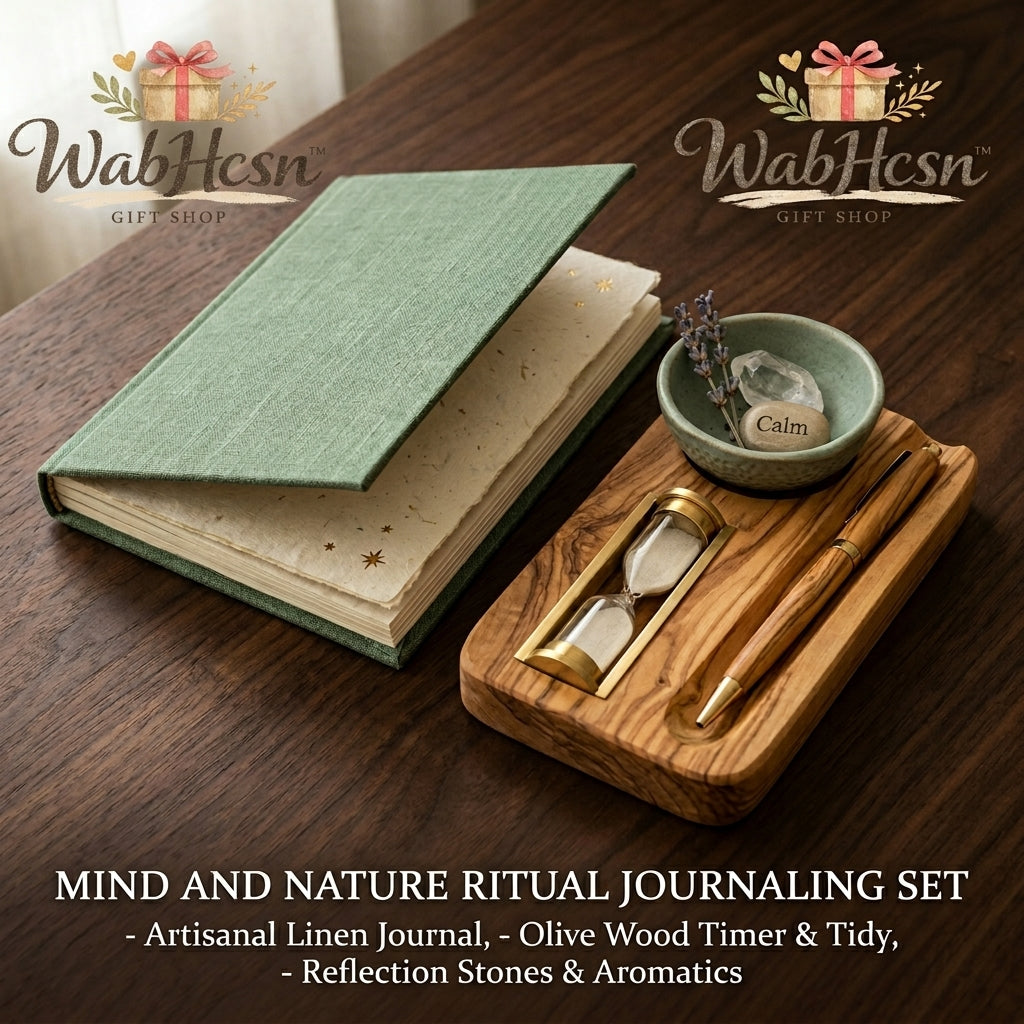 WabHcsn™ Mind and Nature Ritual Journaling Set – Artisanal Linen Notebook, Olive Wood Hourglass Sand Timer & Desk Tidy Tray, Reflection Stones, Quartz Crystal, Aromatics & Pen, Wellness Meditation Gift for Men & Women