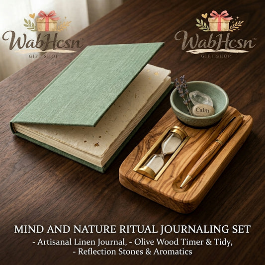 WabHcsn™ Mind and Nature Ritual Journaling Set – Artisanal Linen Notebook, Olive Wood Hourglass Sand Timer & Desk Tidy Tray, Reflection Stones, Quartz Crystal, Aromatics & Pen, Wellness Meditation Gift for Men & Women