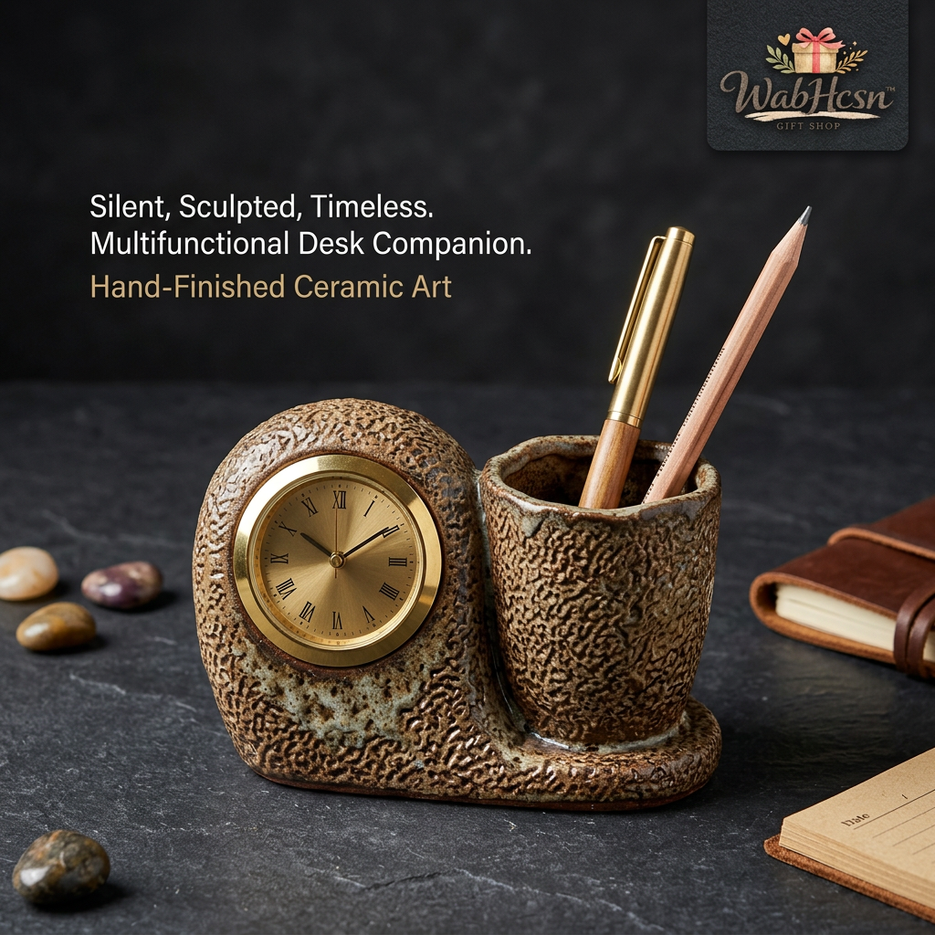 WabHcsn™ Ceramic Desk Organizer with Analog Clock - Rustic Hand-Finished Pen and Pencil Holder, Silent Non-Ticking Desktop Timepiece, Unique Office Decor and Executive Gift