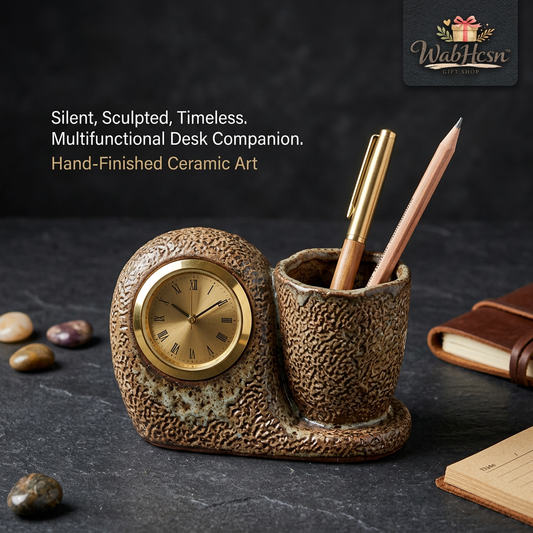WabHcsn™ Ceramic Desk Organizer with Analog Clock - Rustic Hand-Finished Pen and Pencil Holder, Silent Non-Ticking Desktop Timepiece, Unique Office Decor and Executive Gift