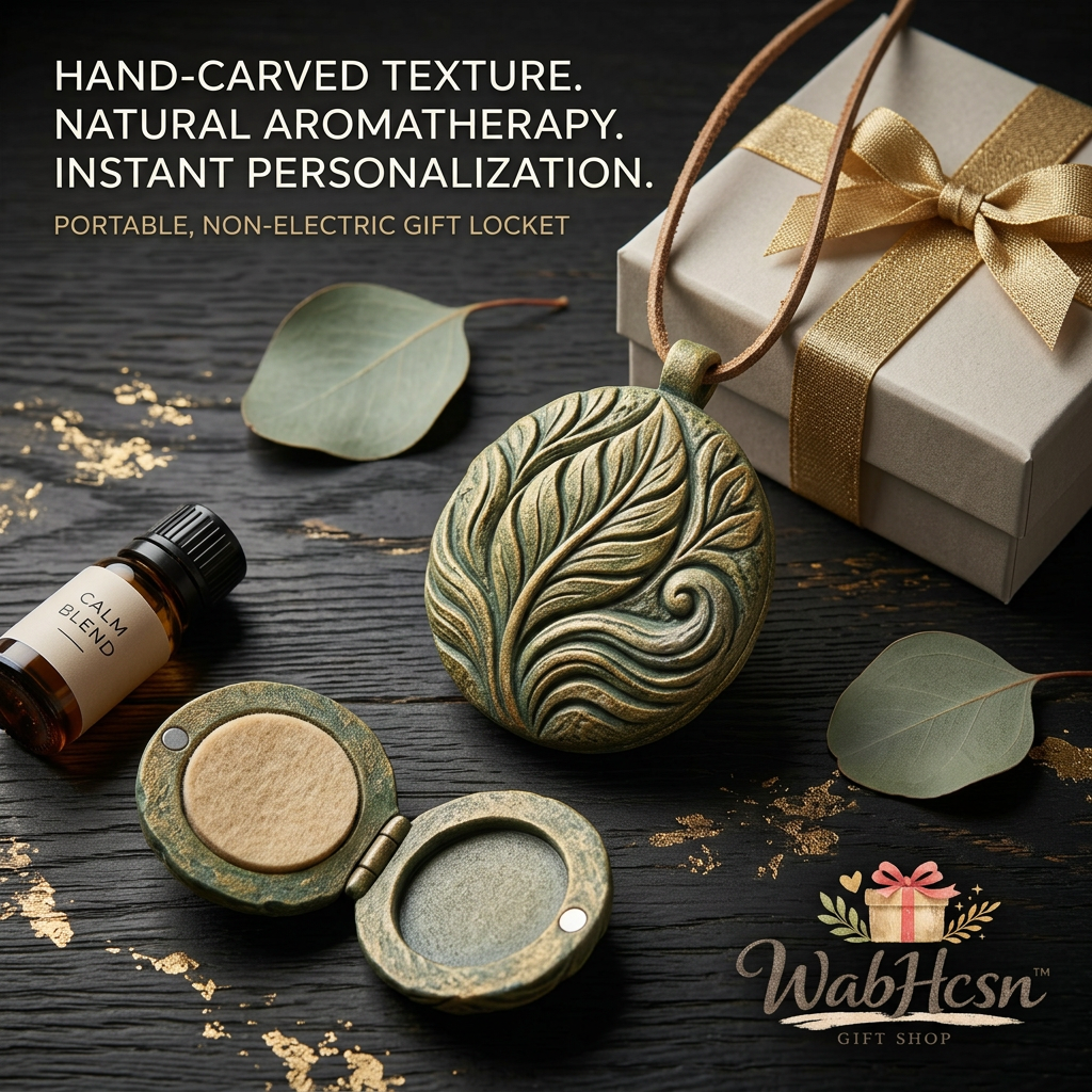 WabHcsn™ Hand-Carved Aromatherapy Essential Oil Diffuser Locket Necklace | Vintage Distressed Leaf Pendant Jewelry with Refill Felt Pads & Gift Box | Natural Stress Relief & Wellness Gift for Women