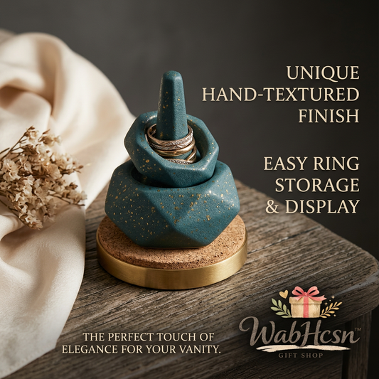 WabHcsn™ Hand-Textured Ceramic Ring Holder for Vanity - Elegant Speckled Teal Jewelry Display Stand & Ring Cone with Cork Gold Base, Modern Decorative Engagement Ring Dish Organizer Gift for Women