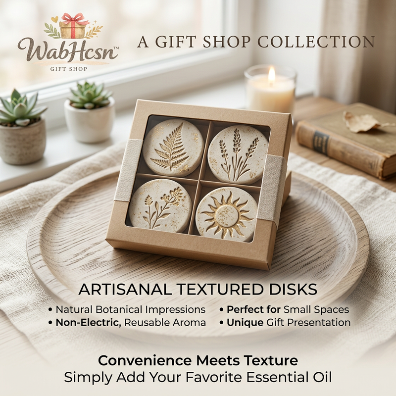 WabHcsn™ Essential Oil Diffuser Stone Set - 4-Pack Passive Ceramic Aromatherapy Disks with Botanical Impressions | Non-Electric, Reusable Clay Aroma Diffuser for Closet, Office, Bedroom & Car | Unique Gift Set for Wellness & Home Decor