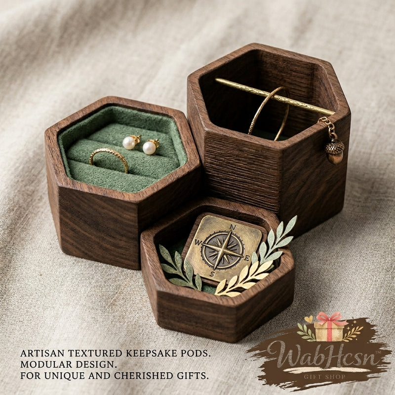 WabHcsn™ Modular Hexagon Wooden Jewelry Box | Artisan Walnut Keepsake Pods with Plush Sage Green Velvet Lining | Stackable Trinket Tray & Ring Organizer for Unique and Cherished Gifts