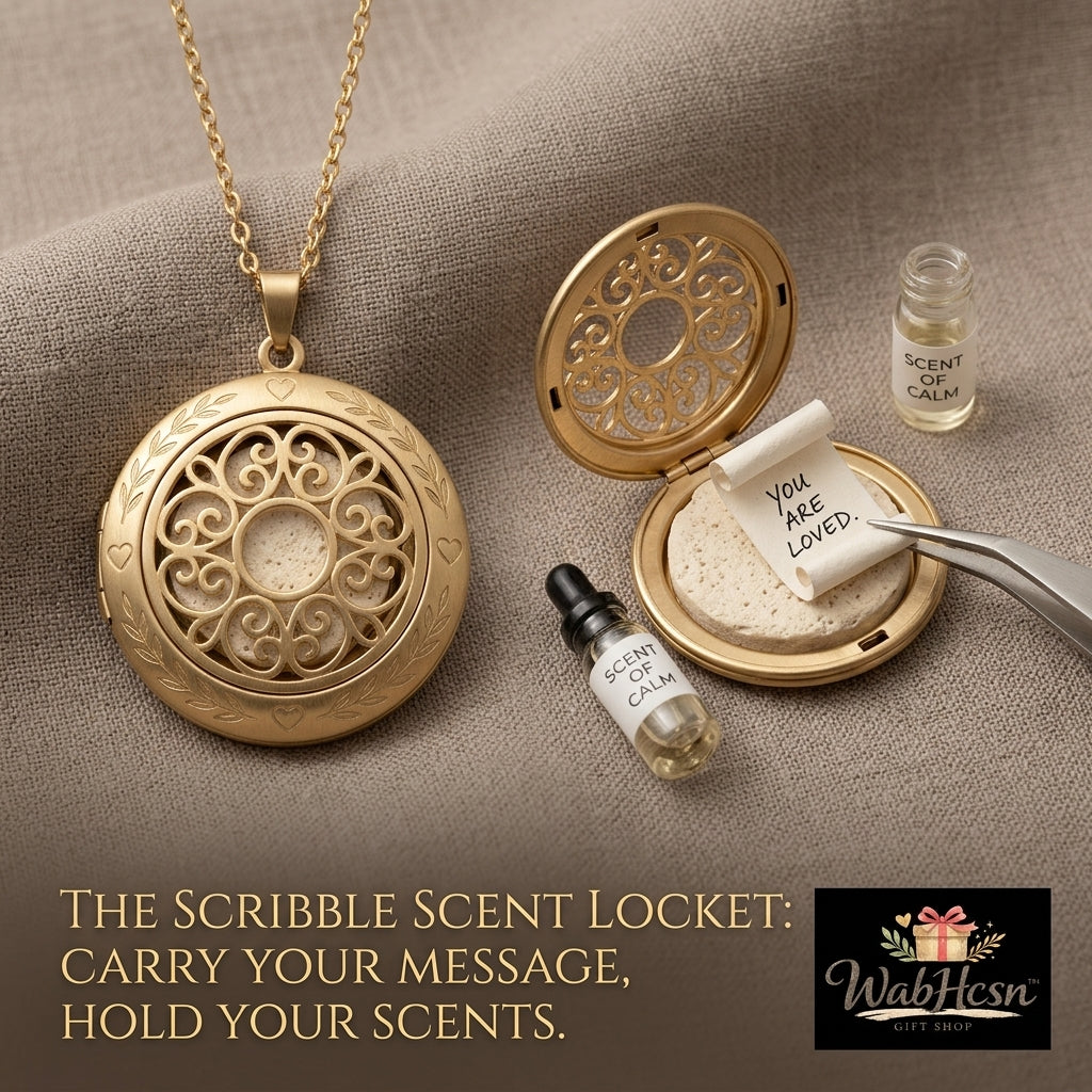 WabHcsn™ Scribble Scent Locket | Personalized Secret Scroll & Aromatherapy Diffuser Necklace | Vintage Gold Filigree Keepsake Pendant | Romantic Gift for Her